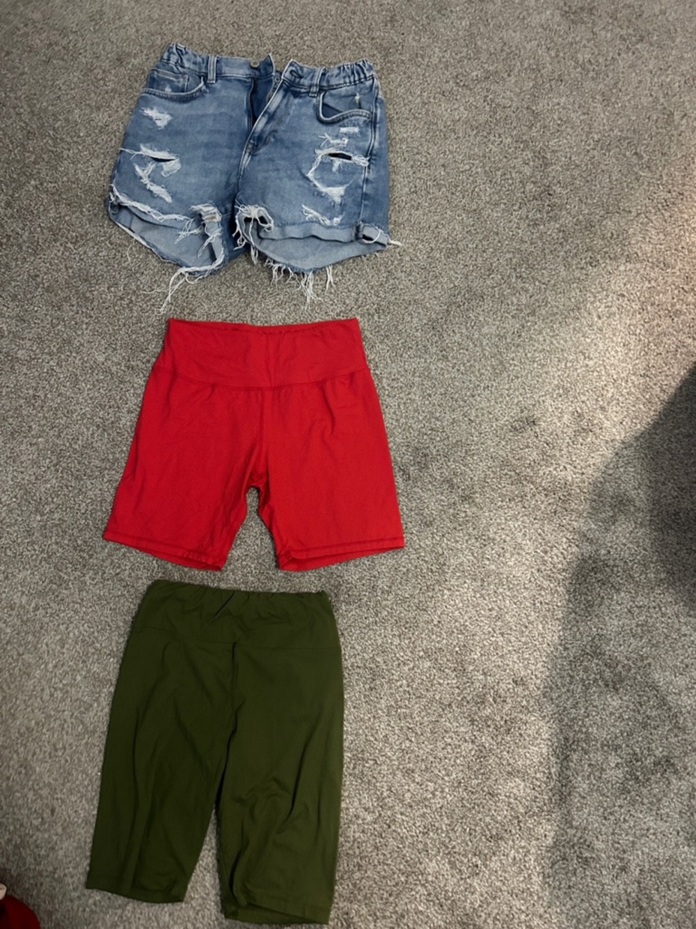 Distressed Denim Cutoff Shorts + Red & Olive Active Shorts Bundle